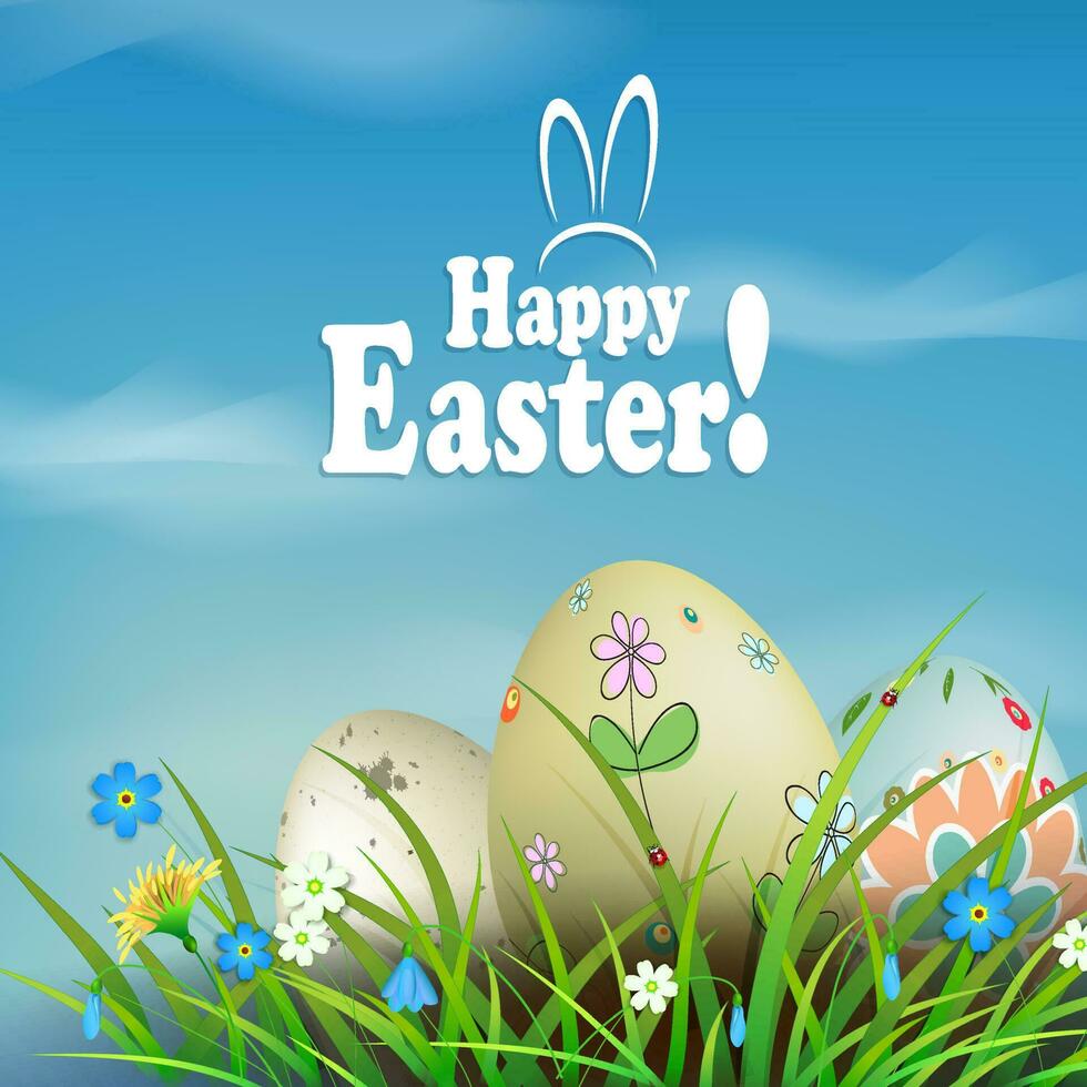 A light composition with a blue sky, white clouds and wonderful Easter eggs, grass and flowers. vector