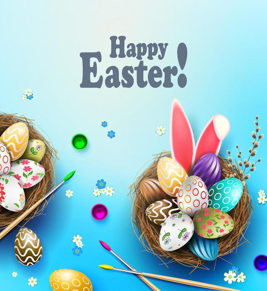 Easter card, eggs with a pattern in the nest, rabbit ears, brushes and paints. vector