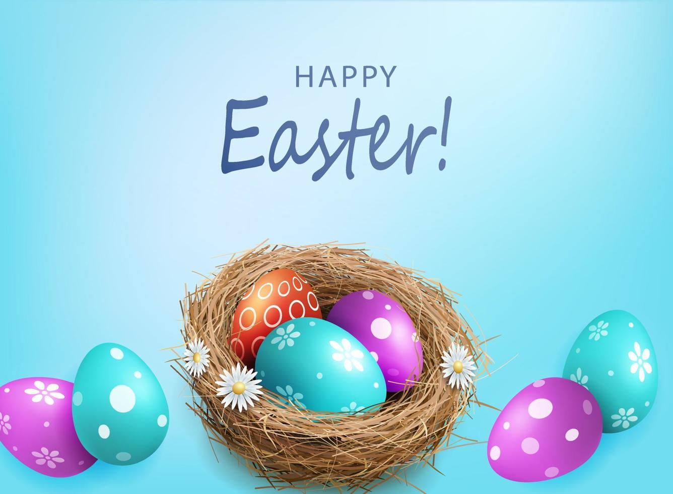 Composition with Easter eggs in a nest on a blue background. vector