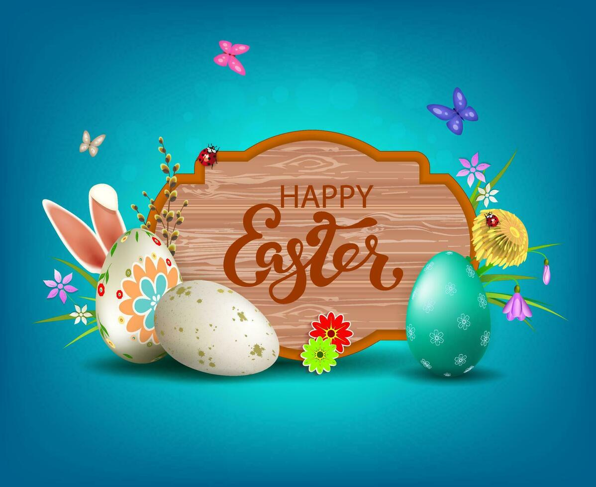 Light blue Easter composition with a curly frame with a silhouette of a tree, eggs of various colors, willow branch and rabbit ears. vector