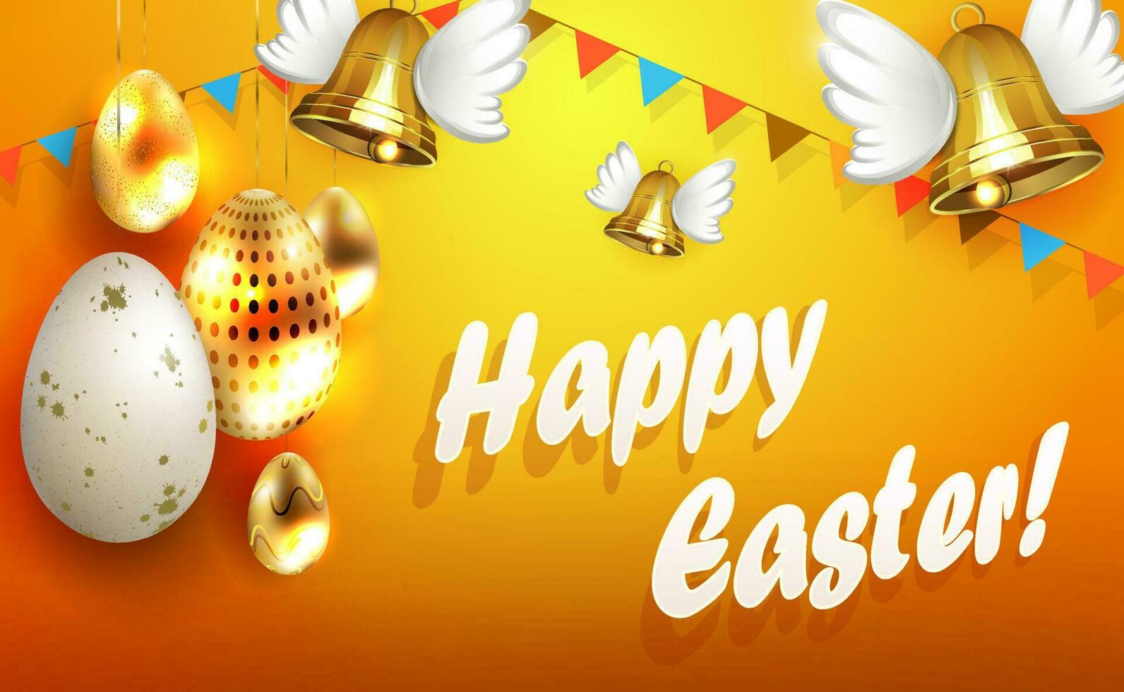 Easter banner with painted golden eggs, bells with wings. vector