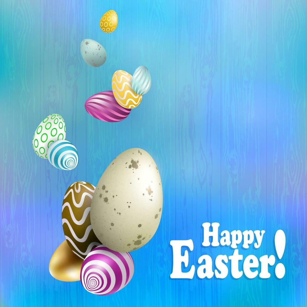 Pascua de Resurrección composición en un ligero azul matiz con huevos con un maravilloso modelo dibujado me gusta un guirnalda. vector