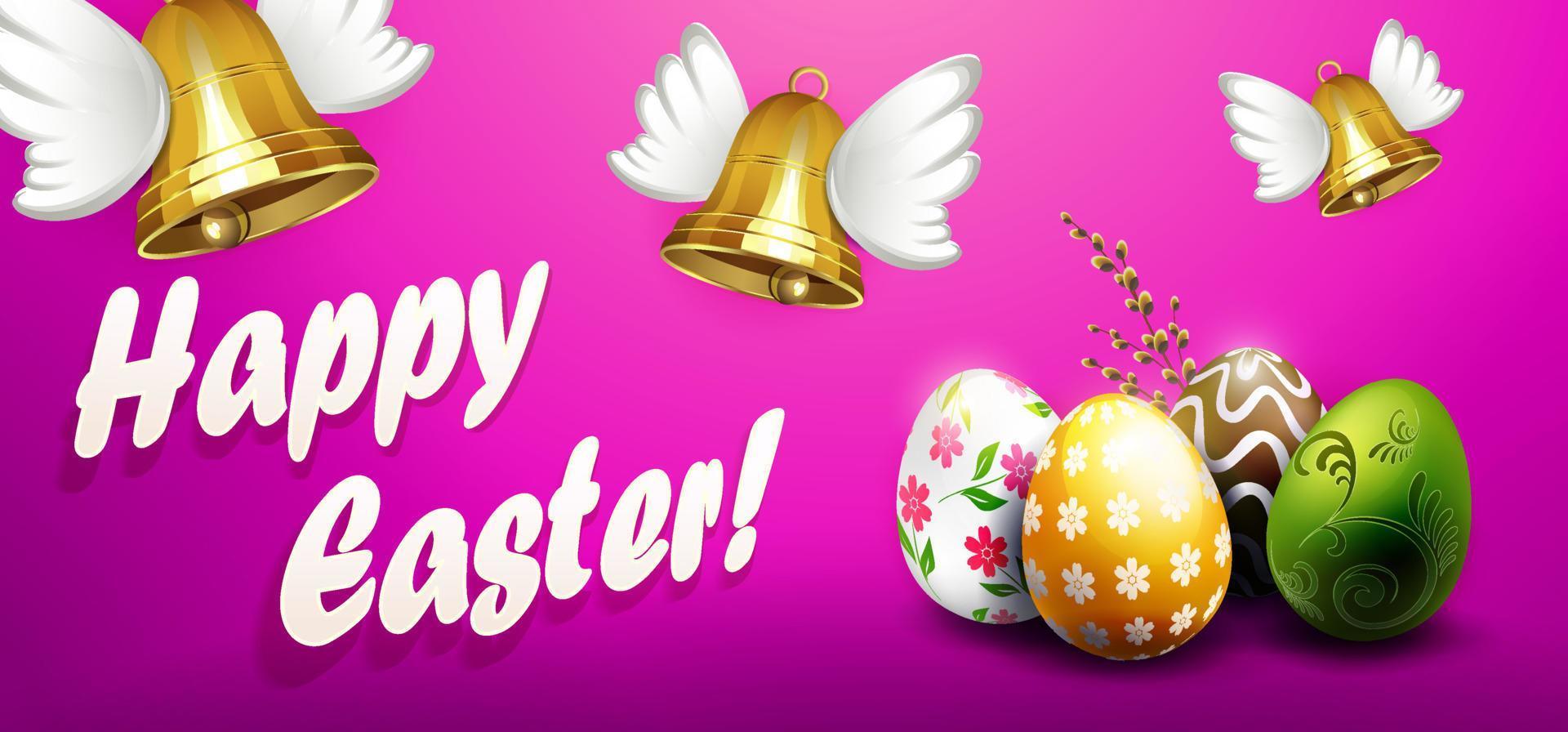 Purple composition with Easter eggs, bells with wings. vector