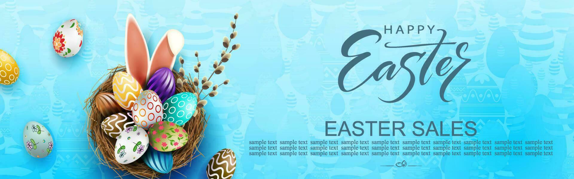 Easter blue illustration, eggs in a nest with a beautiful pattern, bunny ears. vector