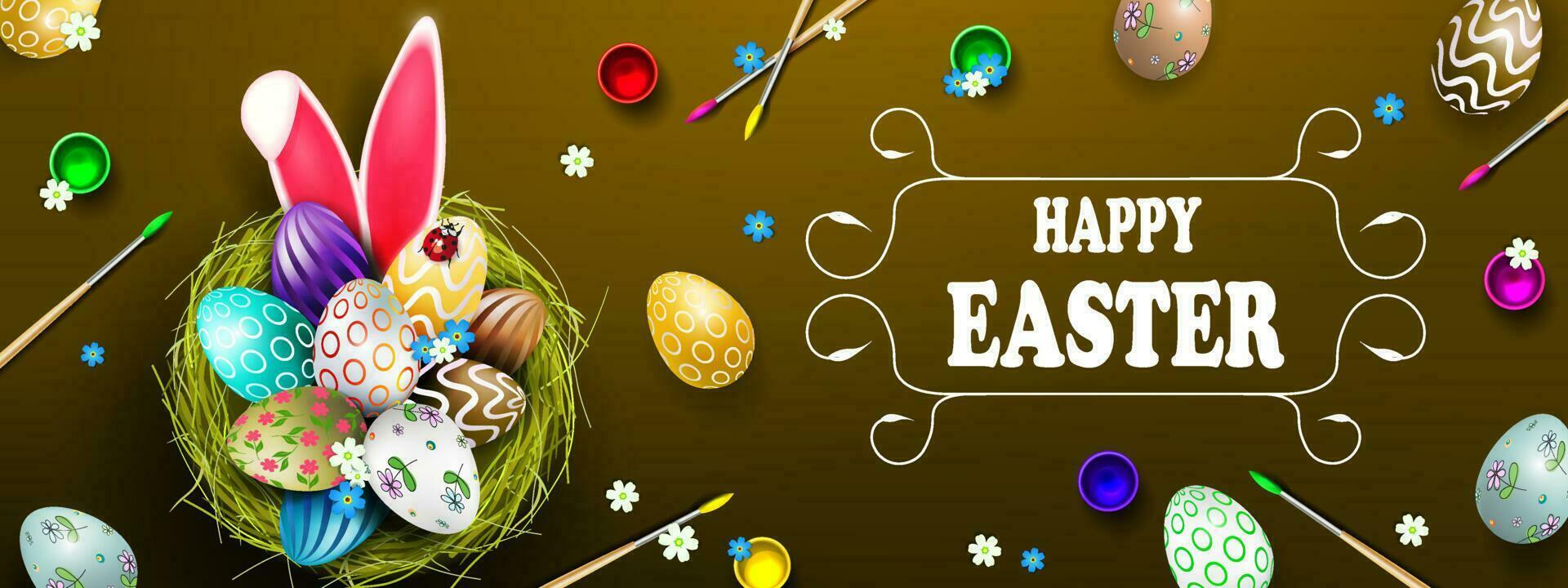 Easter illustration with nest and eggs, bunny ears, brushes and paints. vector