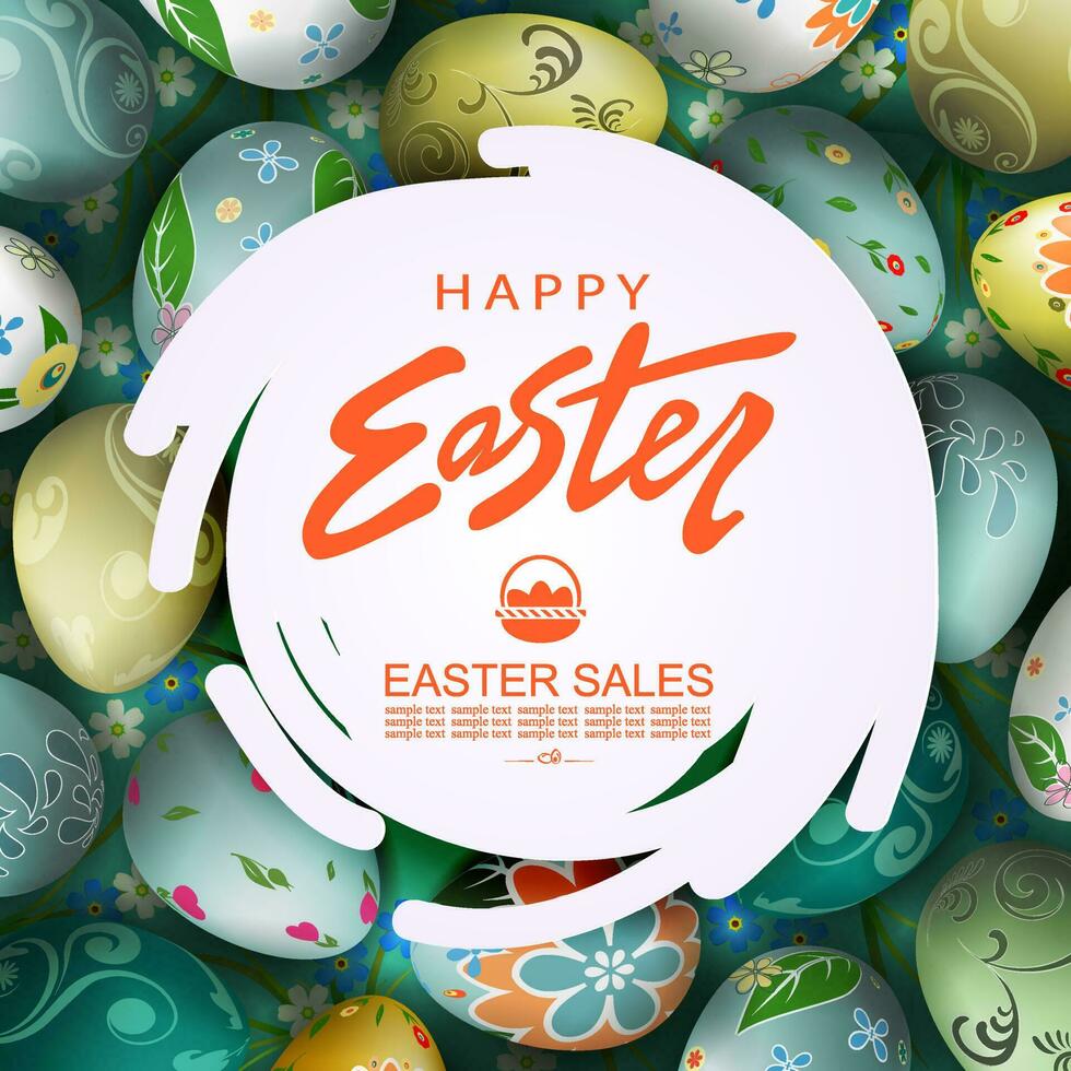 resumen redondo blanco marco, ilustración con Pascua de Resurrección huevos con un modelo. vector