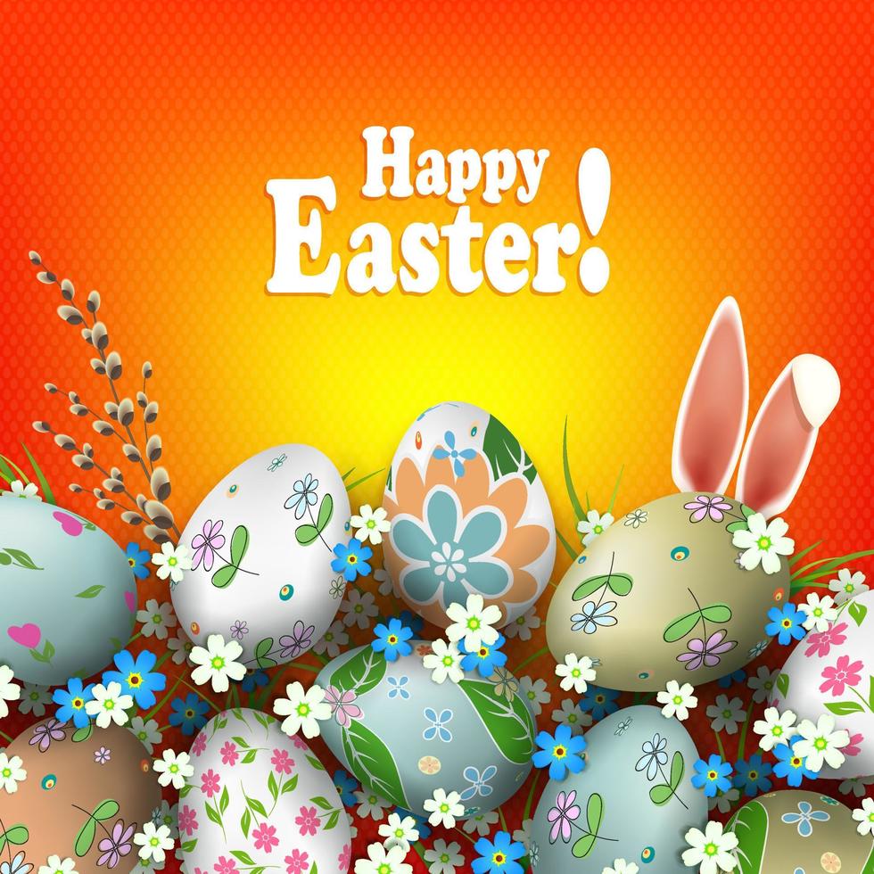 el composición es naranja con maravilloso Pascua de Resurrección huevos, Conejo orejas y un sauce ramita. vector