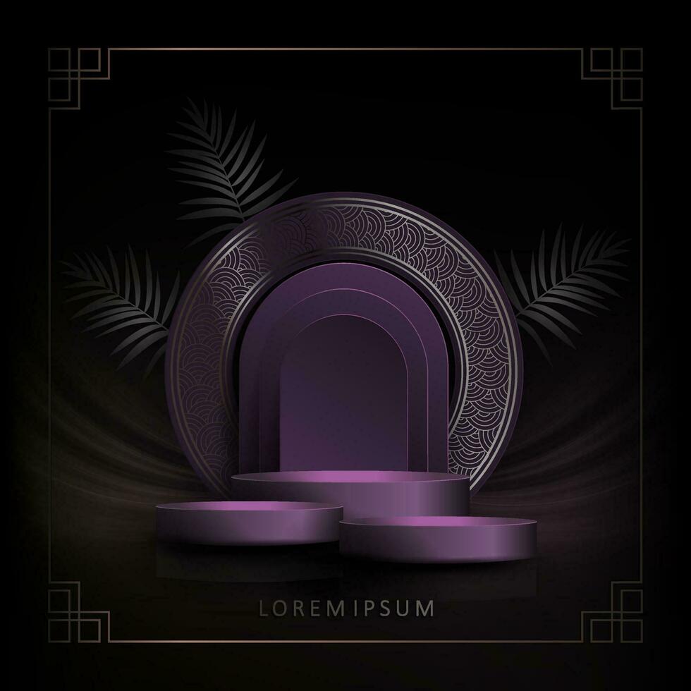 Figured frame with a border, a round scene on a dark purple background. vector