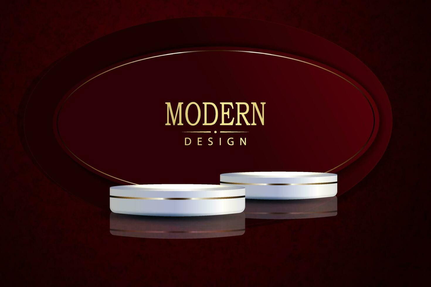 Oval red frame with a shiny border, white podium on a dark textured design. vector