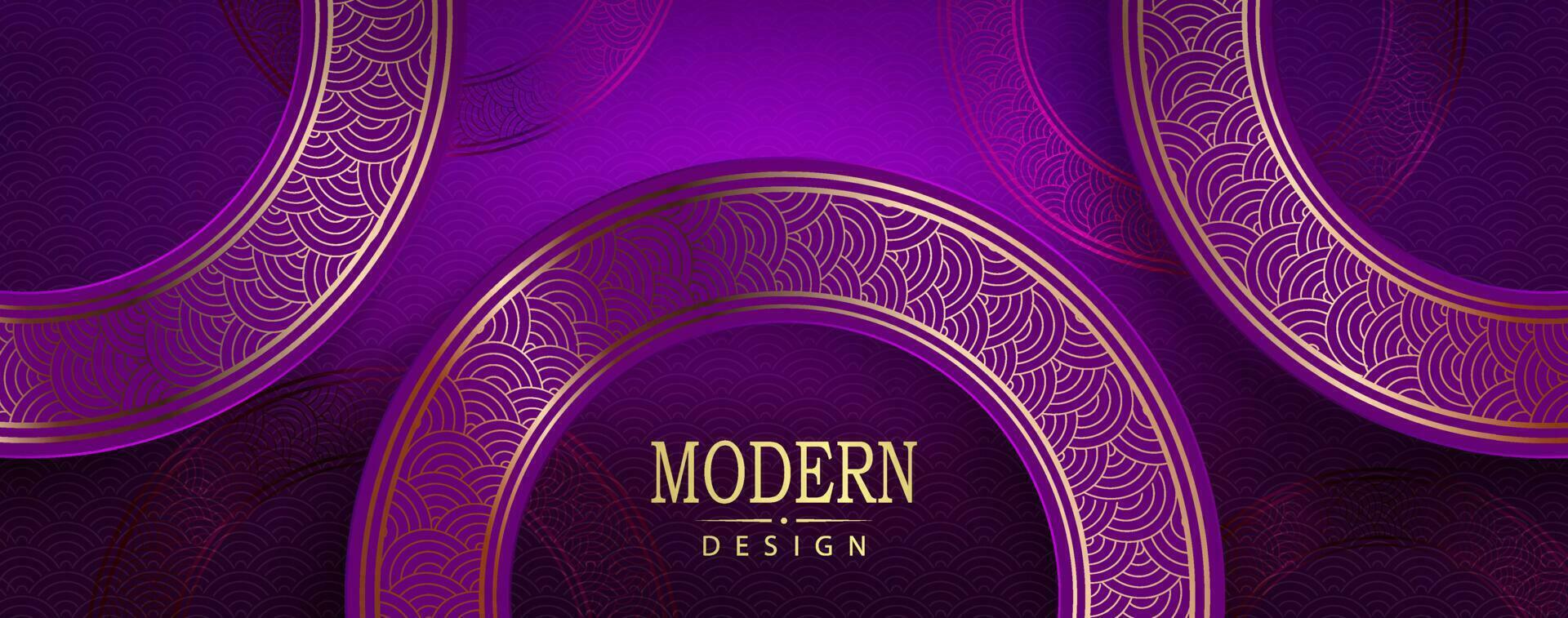 Violet texture background, round frames, border with gold tone pattern. vector