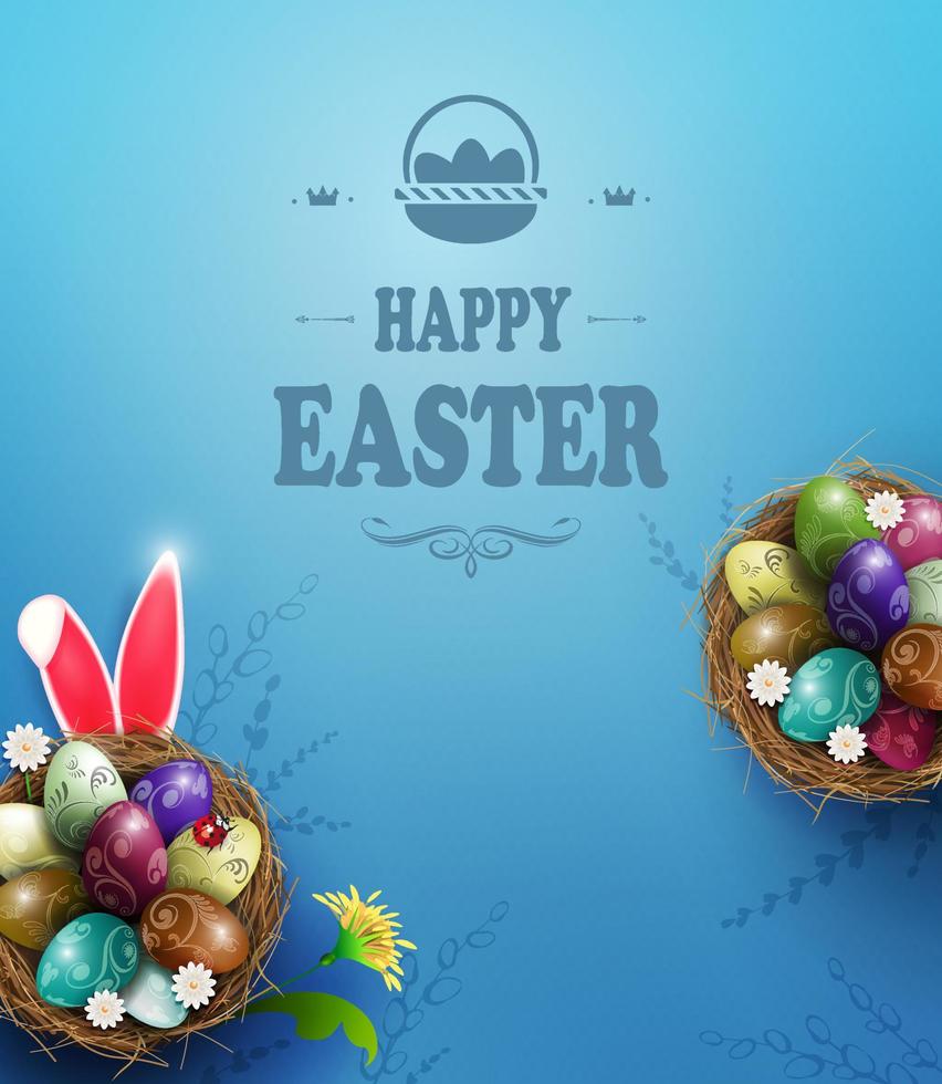 Blue composition with Easter eggs and daisies in the nest, rabbit ears. vector