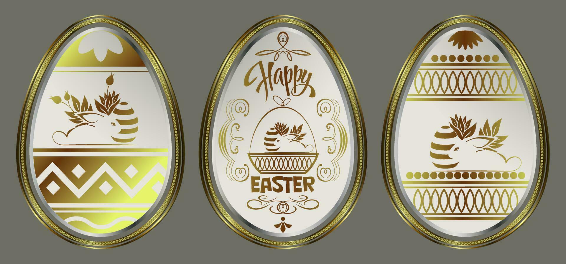 Easter abstract golden egg with rabbit silhouette, set. vector