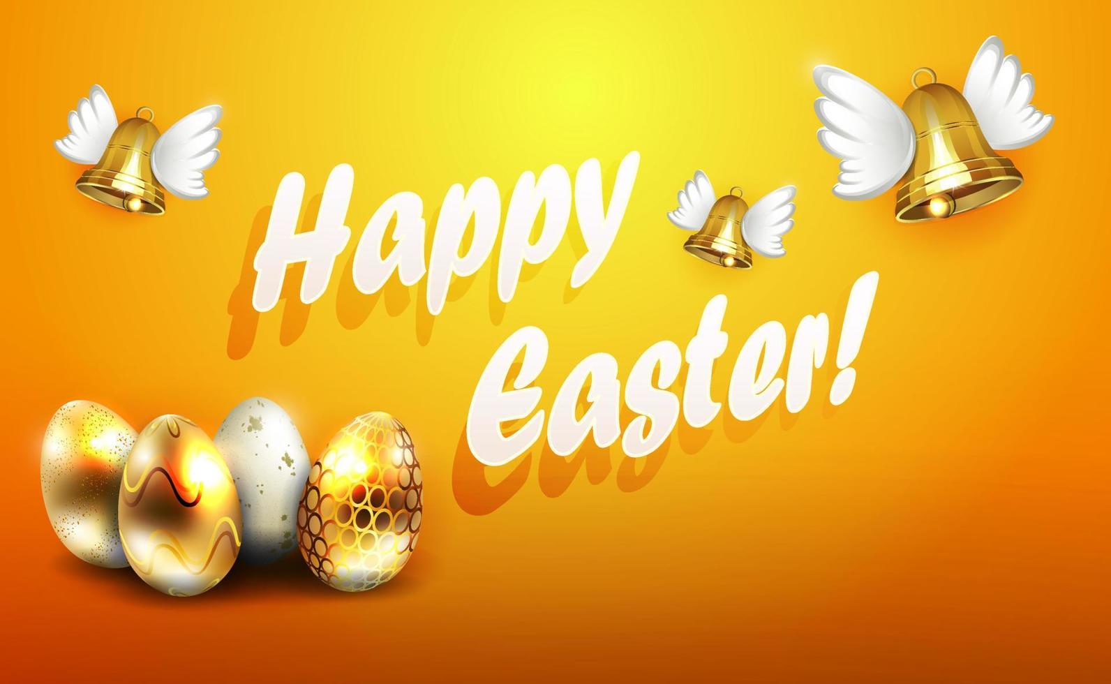 Orange composition with Easter eggs and bells with golden wings. vector