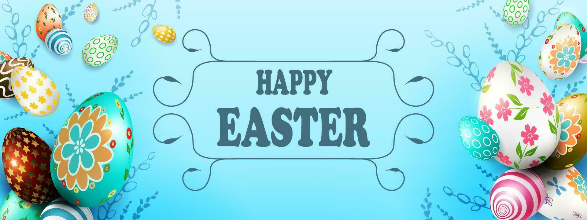 Easter blue illustration, eggs with a beautiful pattern, willow twigs. vector