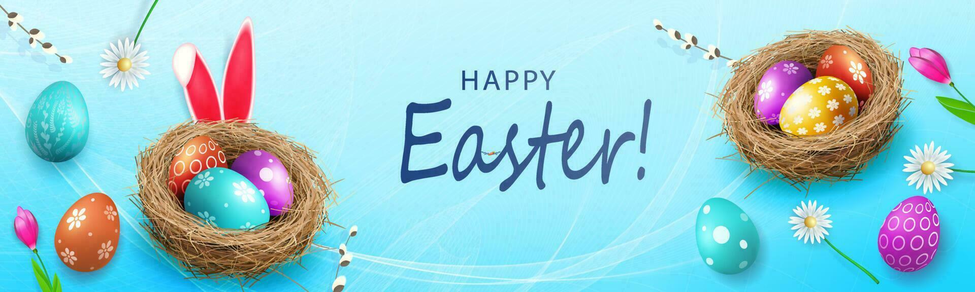 Blue composition with Easter eggs in the nest, great postcard. vector