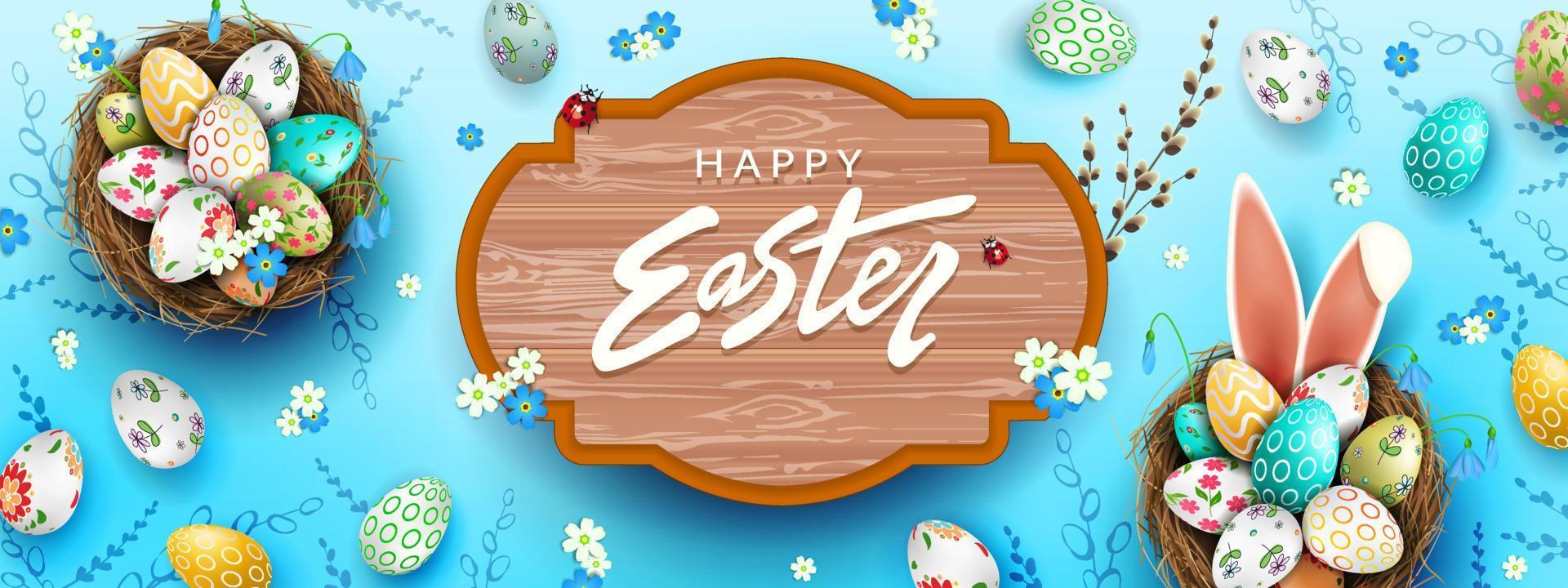 Easter blue illustration, eggs in a basket with a beautiful pattern, bunny ears, blue snowdrops, willow twig. vector