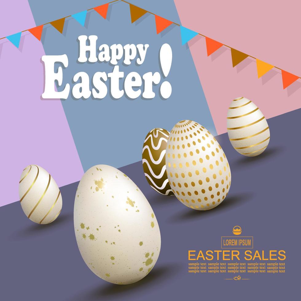 Easter slanting multicolor composition, white eggs with a gold pattern. vector