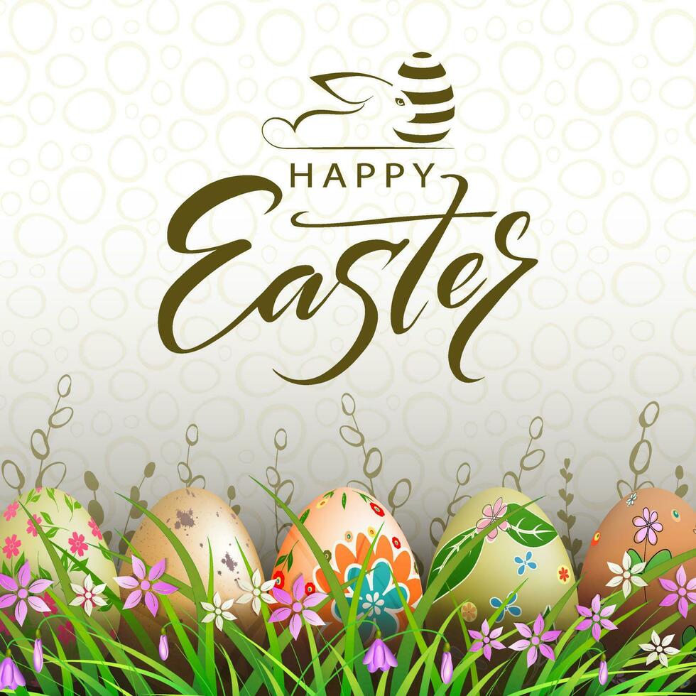 Easter light composition, eggs with a beautiful pattern in the grass with flowers. vector