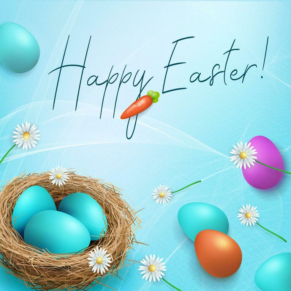 Festive Easter blue illustration, eggs in the nest and wonderful flowers. vector