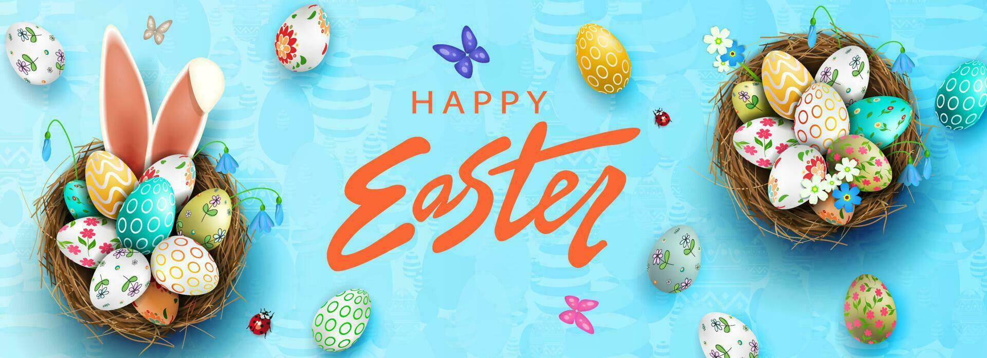 Pascua de Resurrección azul ilustración, huevos en un cesta con un hermosa patrón, conejito orejas, mariposas y escarabajos, azul campanillas de invierno vector