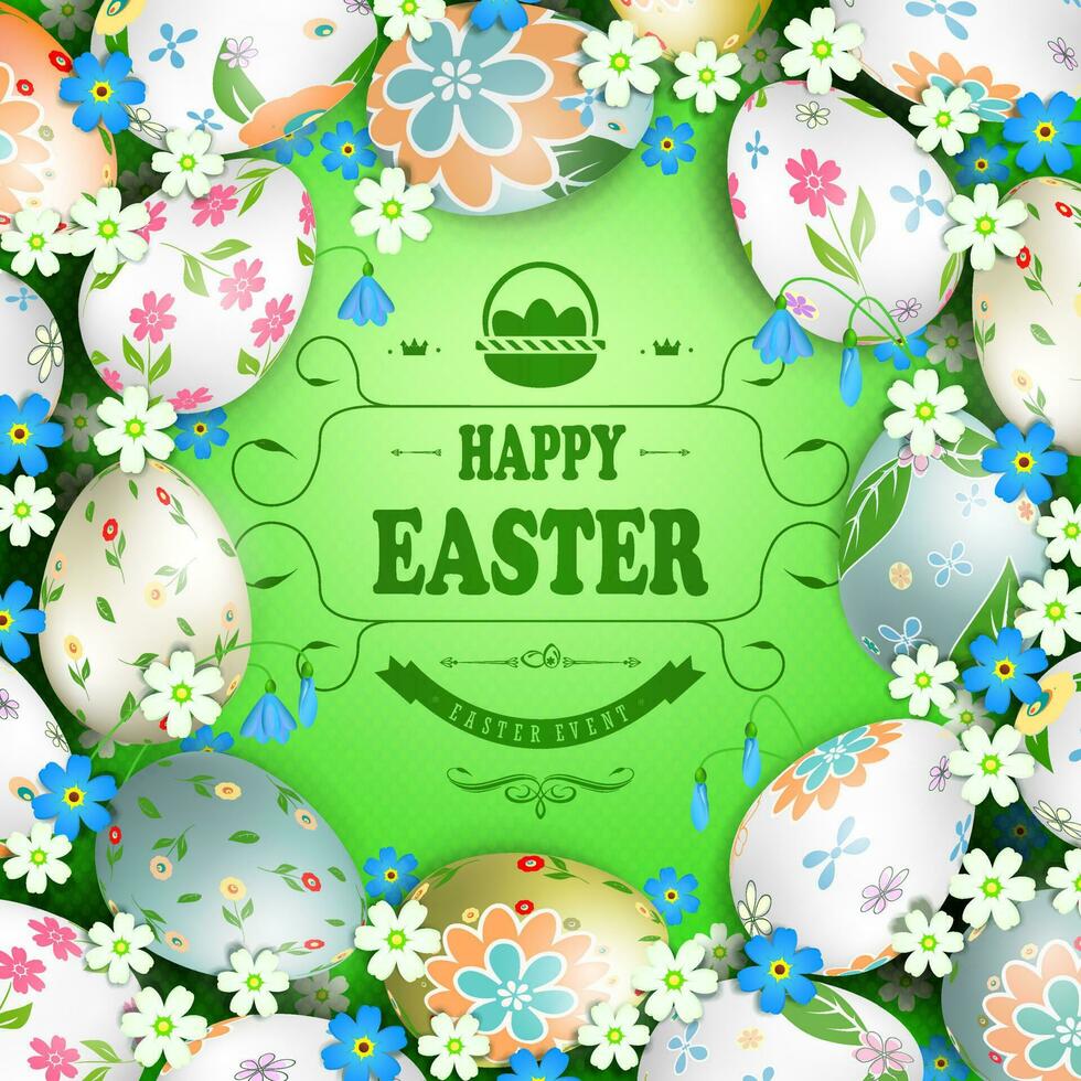 Easter green composition with beautiful eggs and flowers drawn by a round wreath, frame. vector