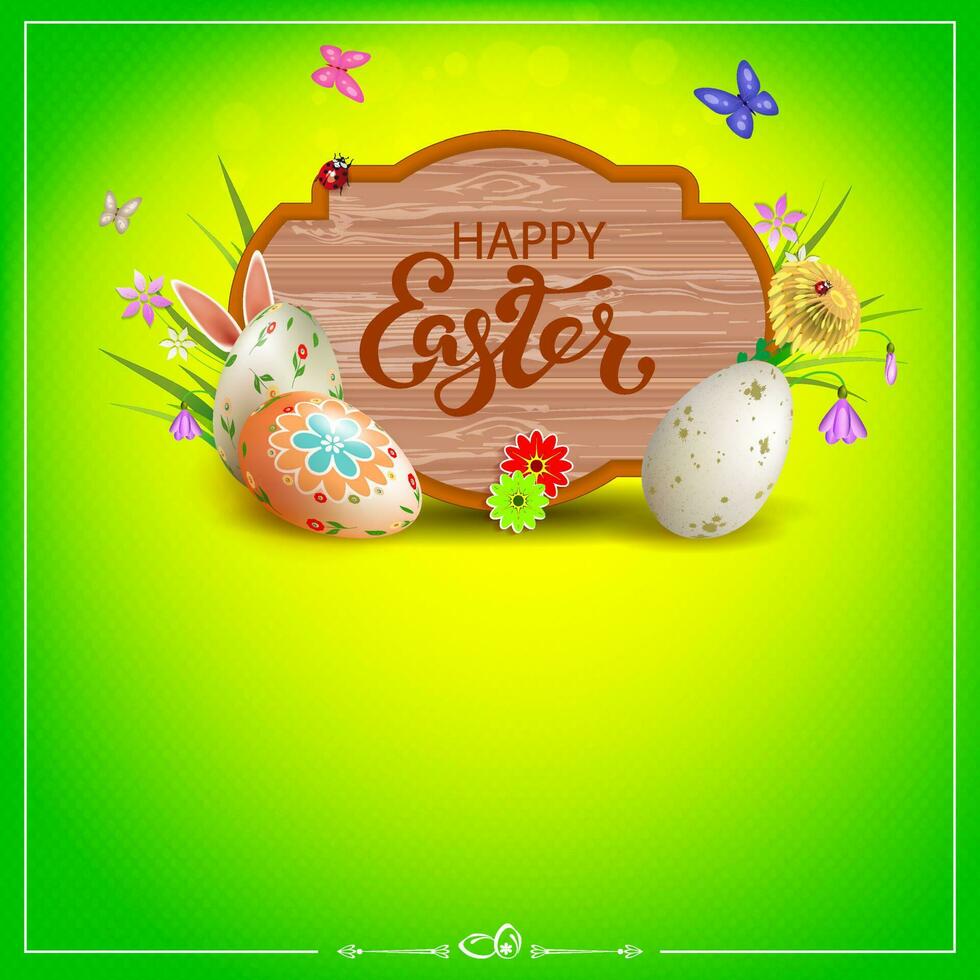 Easter composition of green color with a curly frame, Easter eggs, grass with flowers, butterflies and rabbit ears. vector