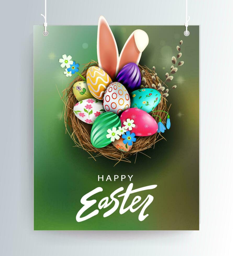Easter green design with nest, patterned eggs, bunny ears and willow twig. vector