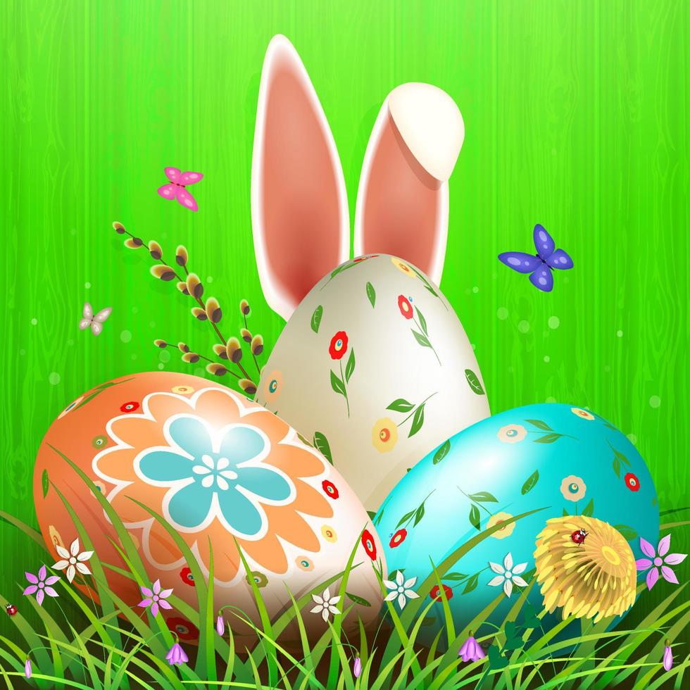 Easter composition of green color with a silhouette of a board, three eggs with grass, flowers and butterflies. vector