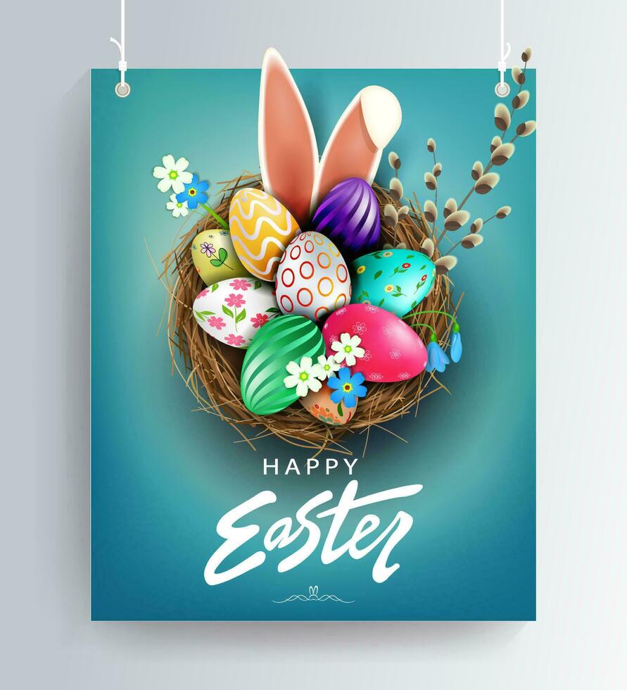 Easter blue design with nest, patterned eggs, bunny ears and willow twig. vector