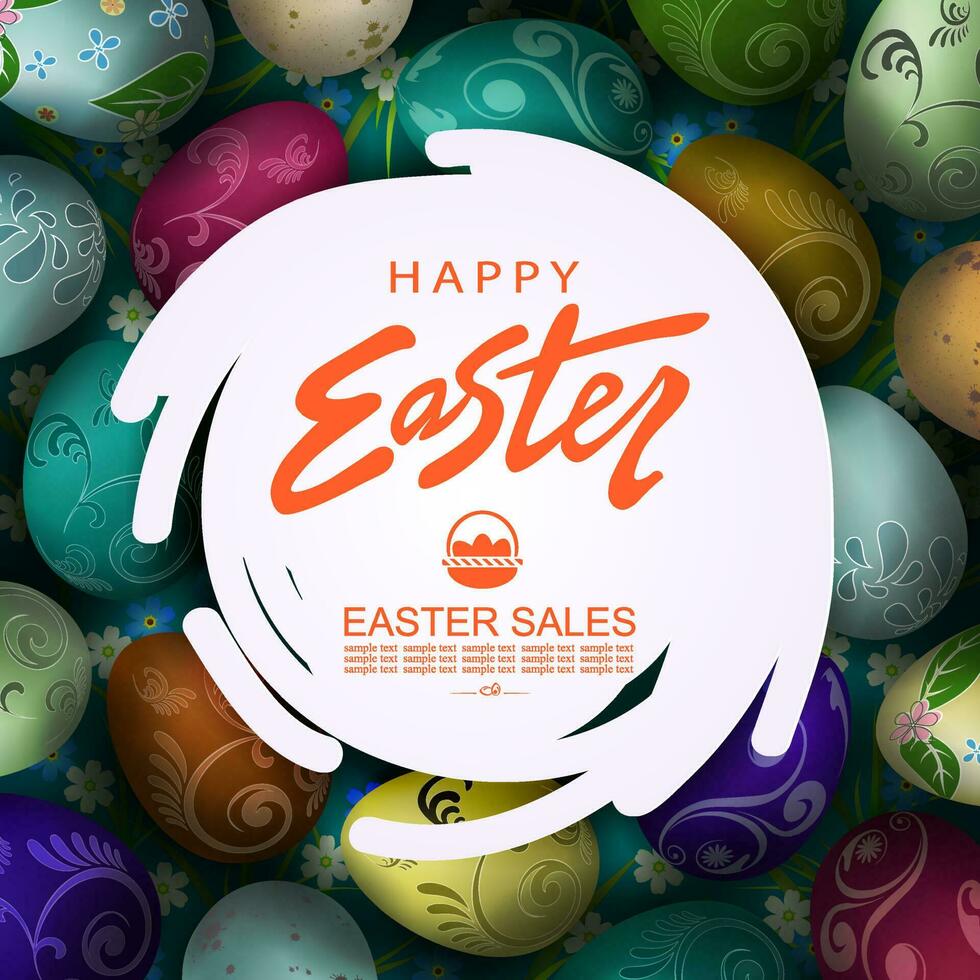 resumen redondo blanco marco, ilustración con Pascua de Resurrección huevos y con un adorable modelo. vector