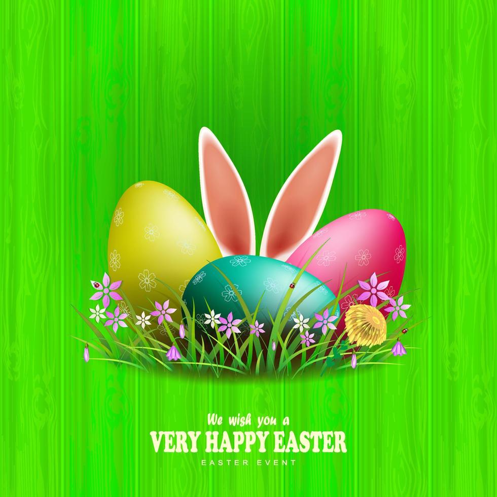 Easter eggs with rabbit ears and willow branch, green color composition with grass and flowers. vector