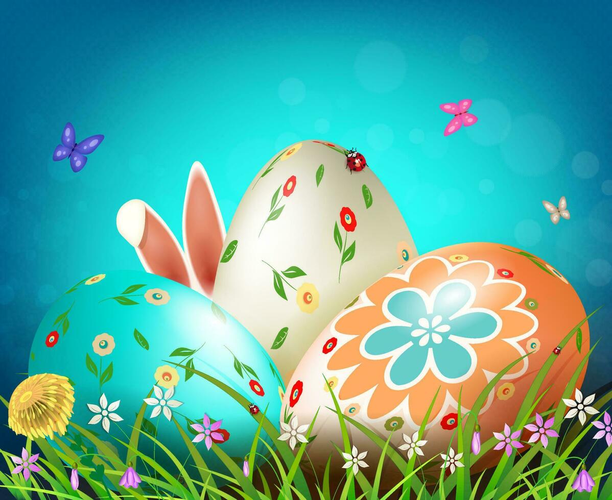 Blue Easter composition with three eggs, rabbit ears, grass with flowers and butterflies. vector