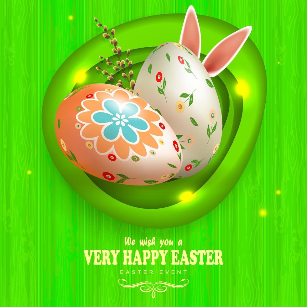 Pascua de Resurrección huevos con un modelo de Conejo orejas y un sauce rama, verde composición con un silueta de un junta, oval resumen marco. vector