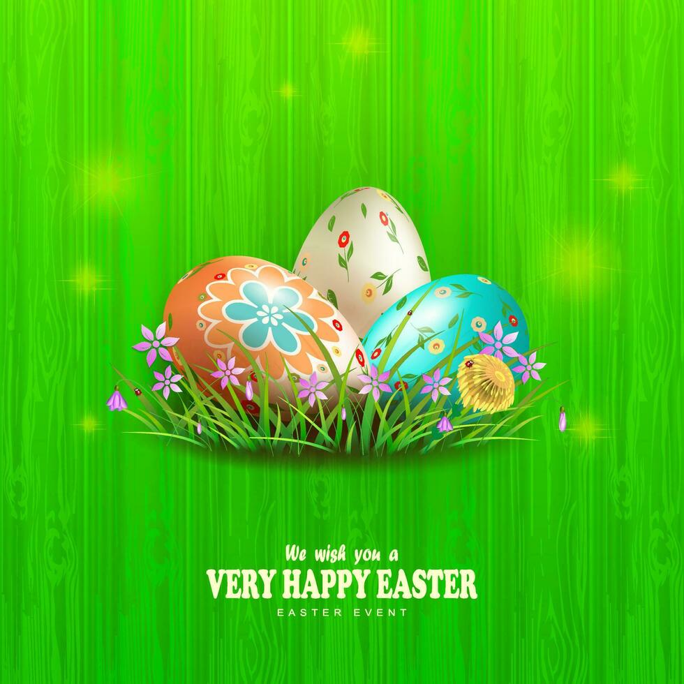 Easter composition of green color with a silhouette of a board, three eggs with grass and flowers. vector