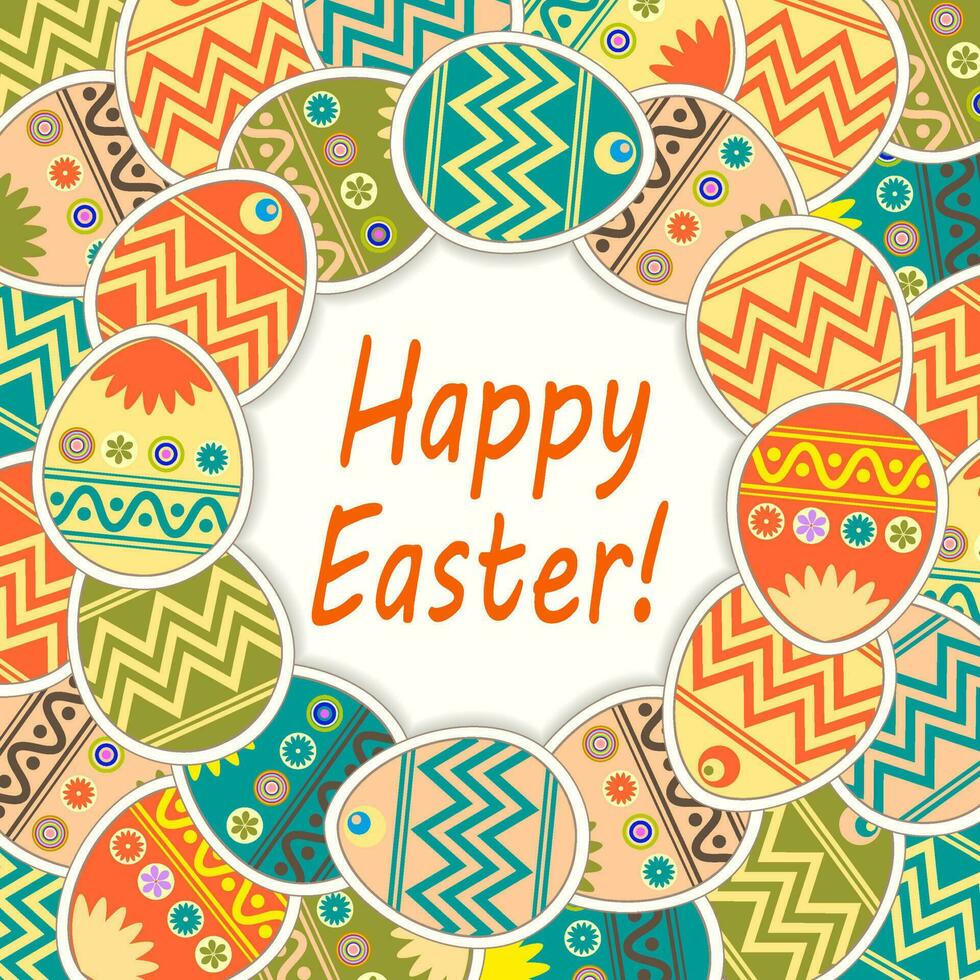 Round composition with interwoven silhouettes of beautiful Easter eggs, frame. vector