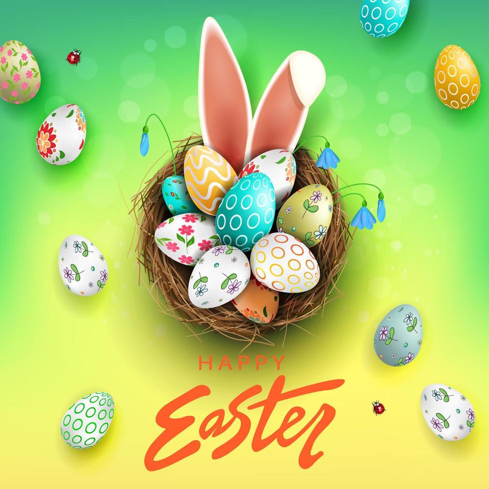 Easter composition with a gradient of green and yellow colors, eggs in the nest, bunny ears, snowdrops flowers. vector