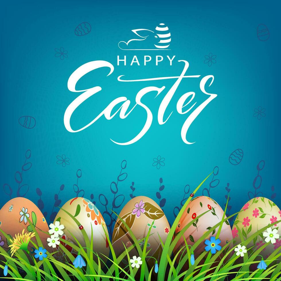 Easter blue illustration, eggs with a beautiful pattern in the grass with flowers. vector