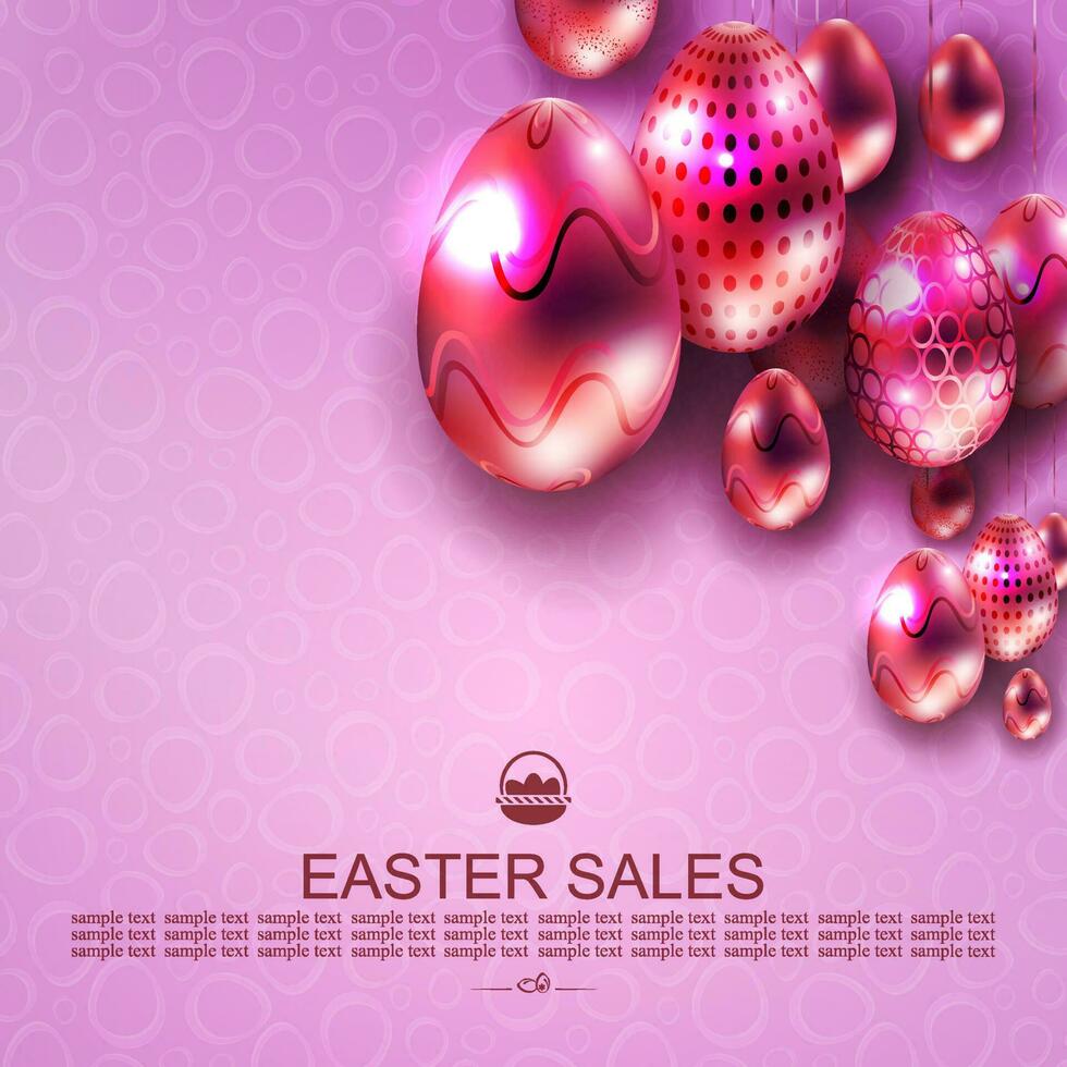 Easter design with light purple gradient, abstract pink glittering eggs with lovely pattern on pendants. vector