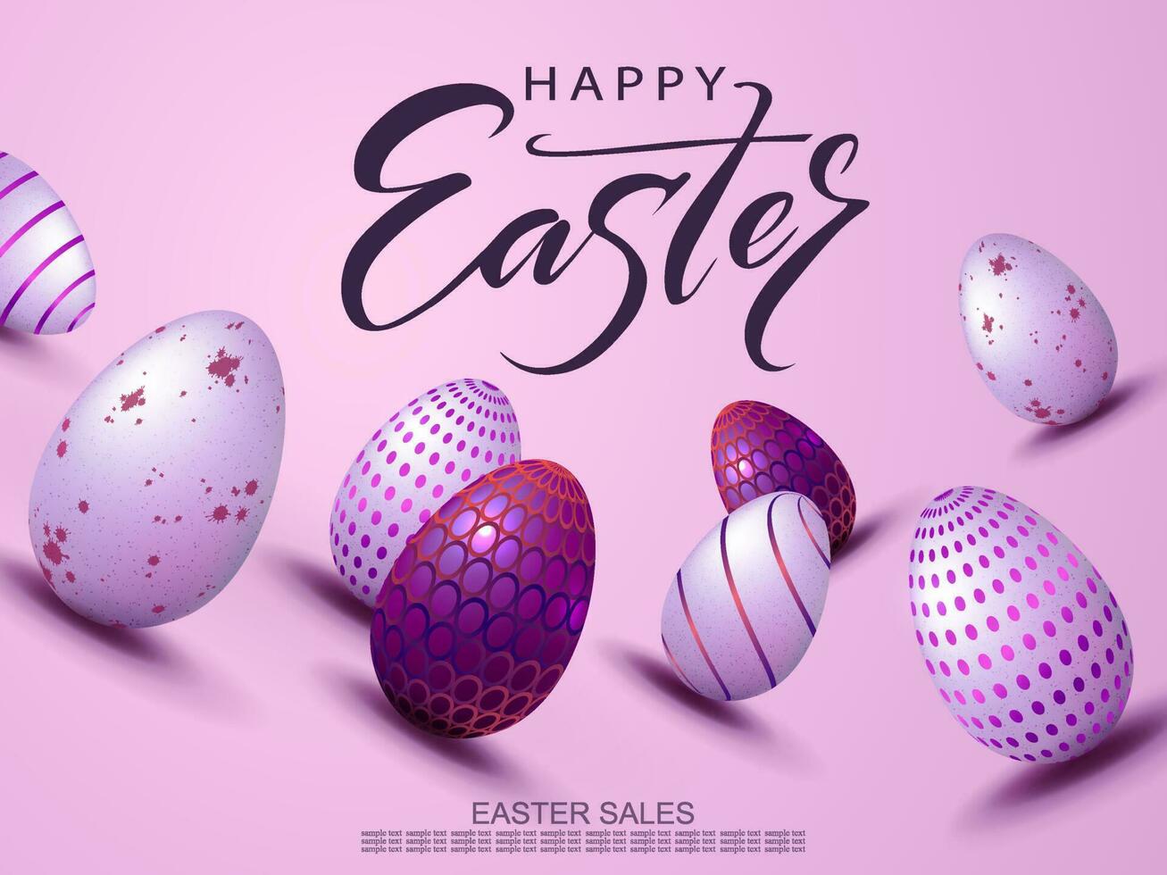 Easter light design with a purple gradient, eggs with a beautiful pattern drawn obliquely. vector