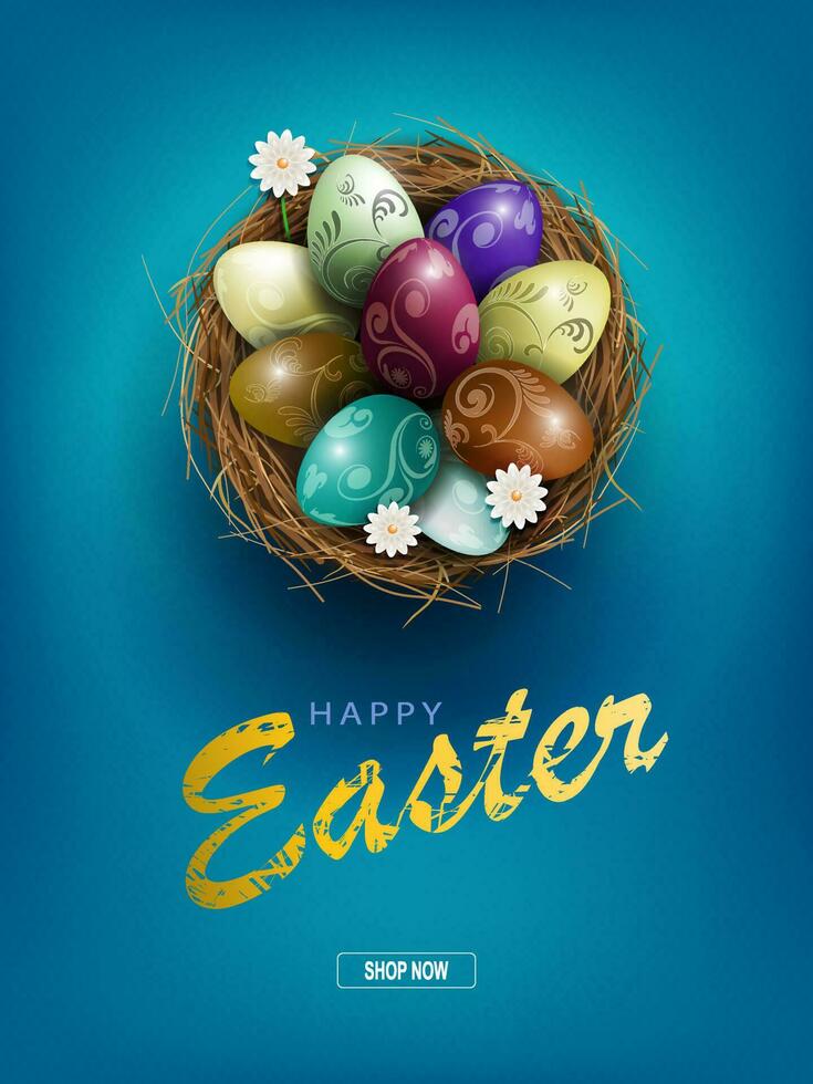 azul tarjeta postal con Pascua de Resurrección huevos en el nido, blanco manzanilla flores vector