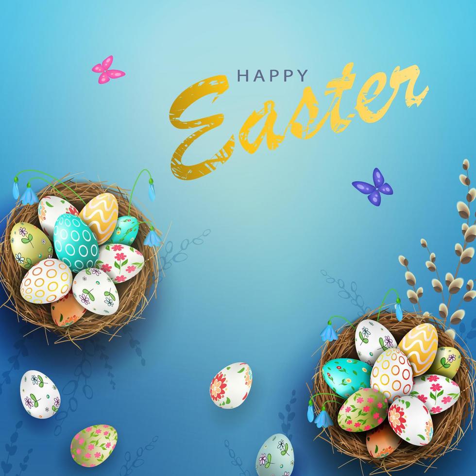 Easter blue illustration, eggs in a nest with a pattern, willow twig. vector
