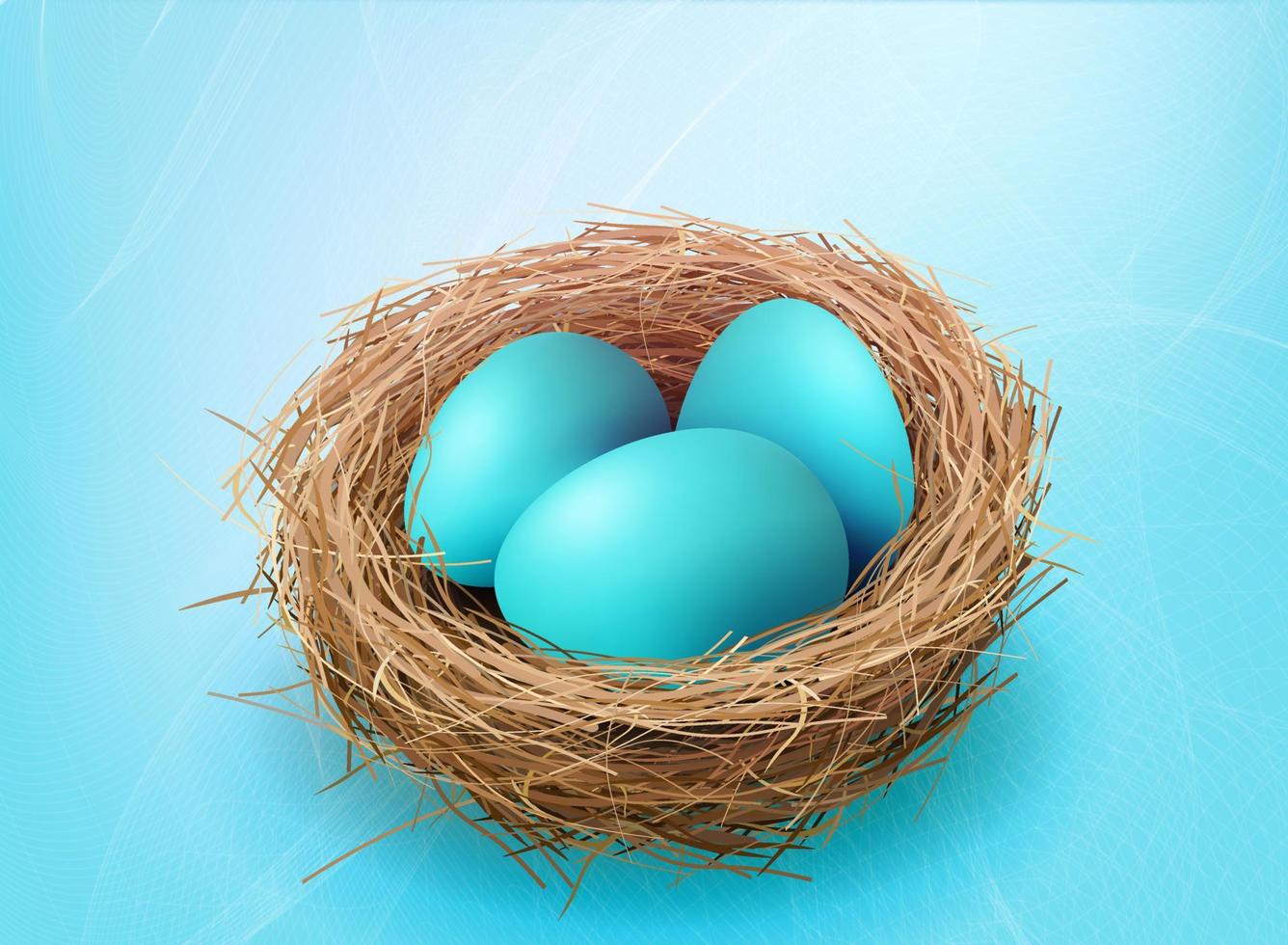 Illustration Easter blue eggs in a nest on a blue textural background. vector