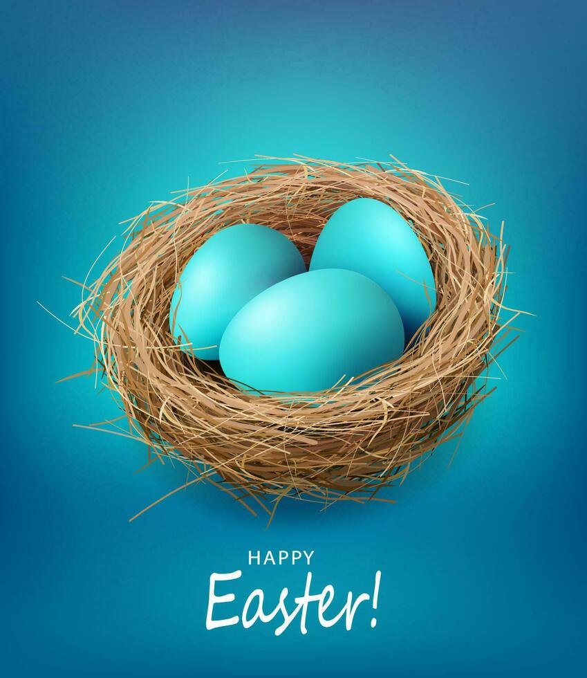 Isolated straw nest with Easter eggs, blue postcard. vector