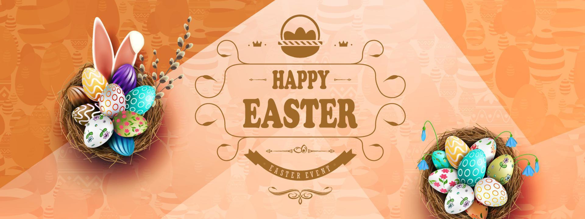 Easter brown illustration, eggs in a nest with a beautiful pattern, bunny ears, willow twigs. vector