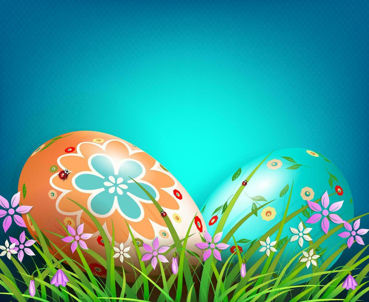 Blue Easter composition with two eggs, grass and flowers. vector
