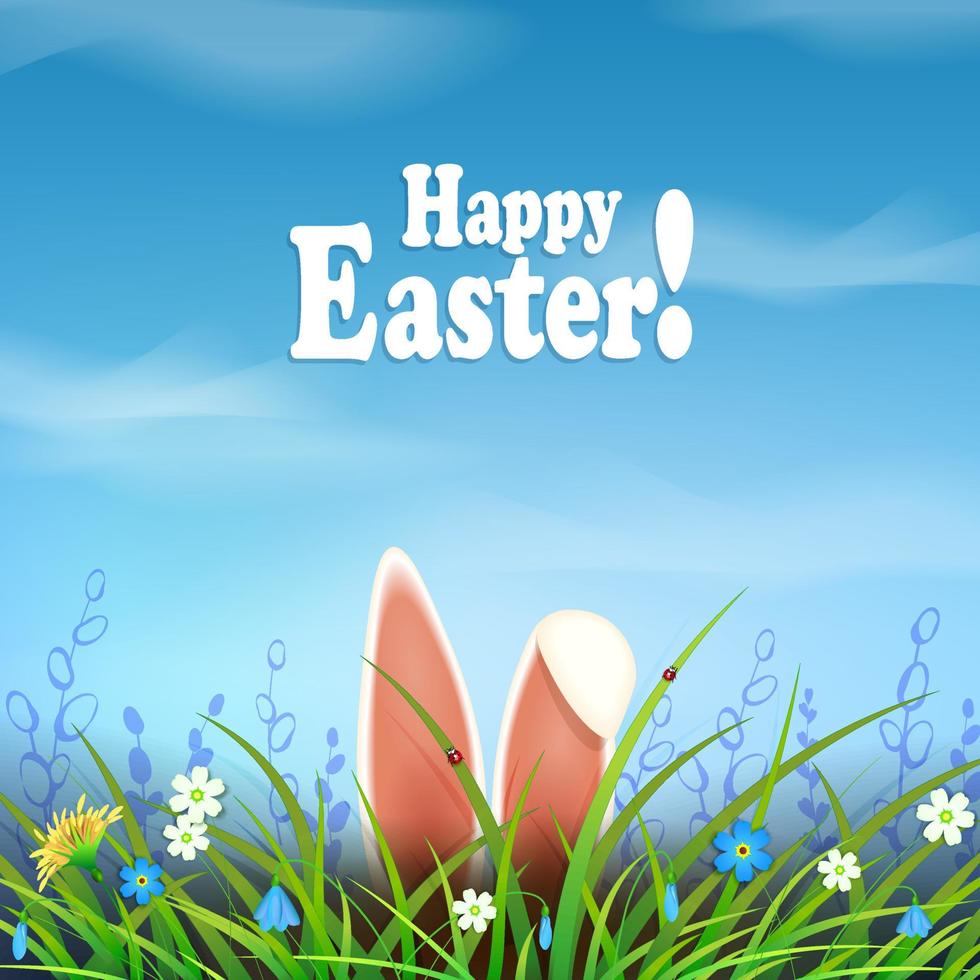 Easter composition with blue sky with white clouds, bunny ears, flowers and green grass. vector