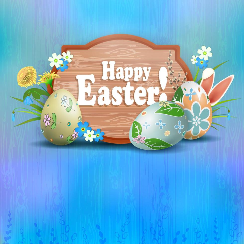 Easter composition in a light blue hue with a curly brown frame, eggs and rabbit ears, spring flowers with a willow twig and grass. vector