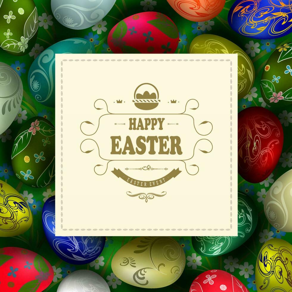 Beautiful composition of green tint with a set of Easter eggs and a light square frame with a basket and text. vector