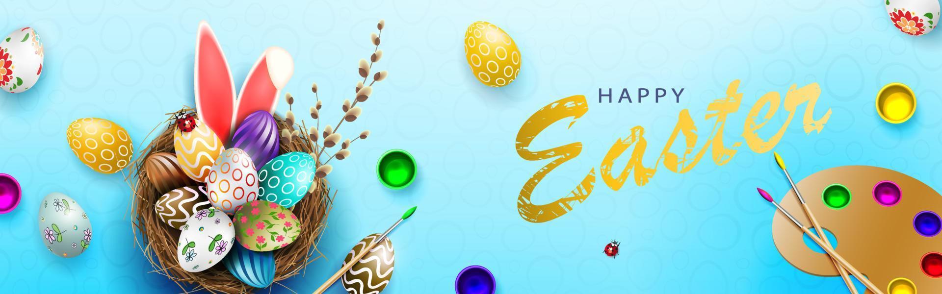 Blue composition with Easter eggs in the nest, rabbit ears, palette with paints. vector