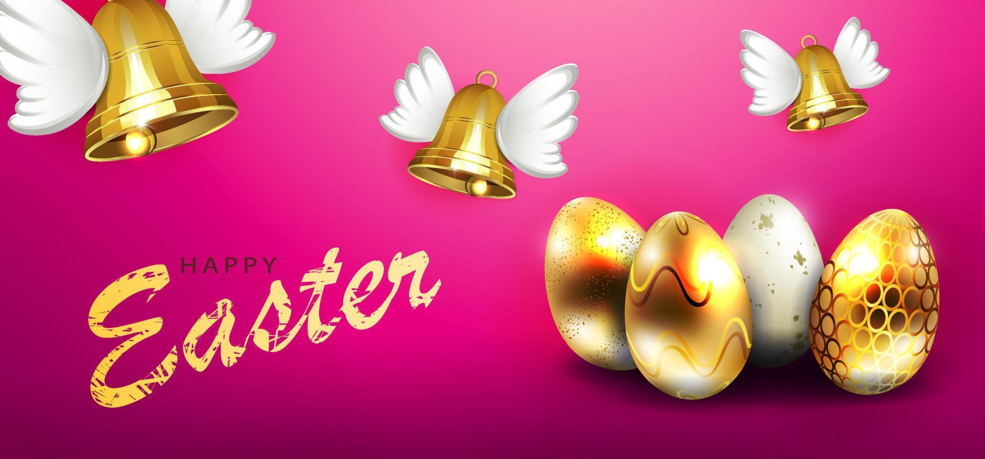 Illustration with Easter eggs and bells with golden colored wings. vector